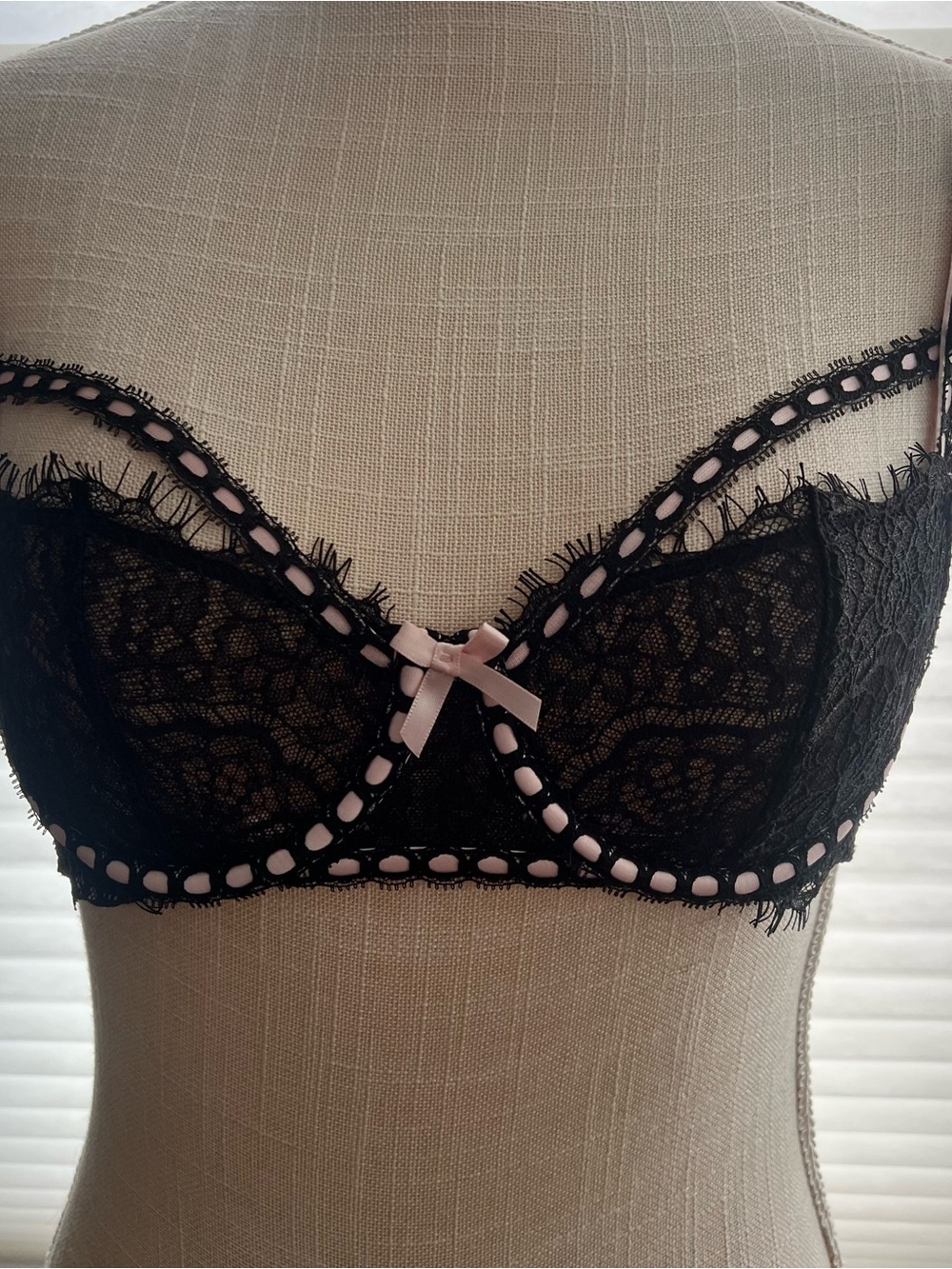 NWT Victoria's Secret Black Lace Balconette Bra with Pink Ribbon Trim